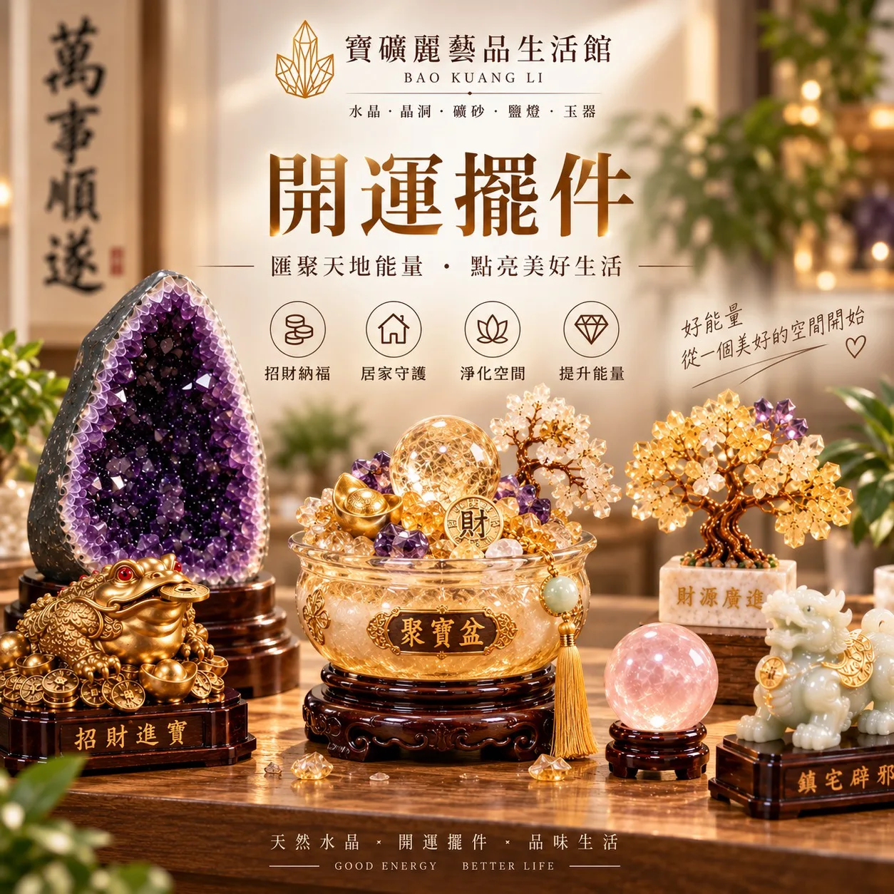 寶礦麗開運擺件聚寶盆與招財樹示意圖